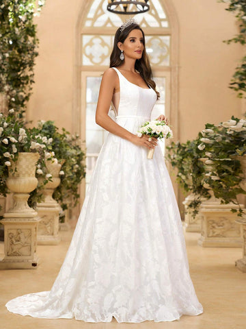 Elegant And Gorgeous White Palace Flower Jacquard Satin High-Waisted Bust Cup Backless Large A-Line Swing Suitable For Weddings, Festivals, Bachelor Parties, Prom Extra Long Tail Wedding Dress