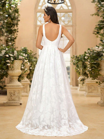 Elegant And Gorgeous White Palace Flower Jacquard Satin High-Waisted Bust Cup Backless Large A-Line Swing Suitable For Weddings, Festivals, Bachelor Parties, Prom Extra Long Tail Wedding Dress