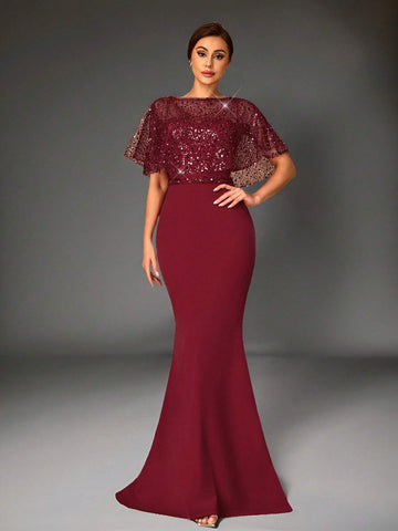Elegant And Gorgeous Wine Red Mesh Sequins Sequins Embroidery Stitching Stretch Knitted Fabric Round Neck Detachable Cape Two-Piece Tube Top Fishtail Style Sequin Belt For Wedding Events Evening Party Formal Mother Of The Bride Dress Evening Dress