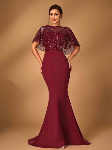 Elegant And Gorgeous Wine Red Mesh Sequins Sequins Embroidery Stitching Stretch Knitted Fabric Round Neck Detachable Cape Two-Piece Tube Top Fishtail Style Sequin Belt For Wedding Events Evening Party Formal Mother Of The Bride Dress Evening Dress