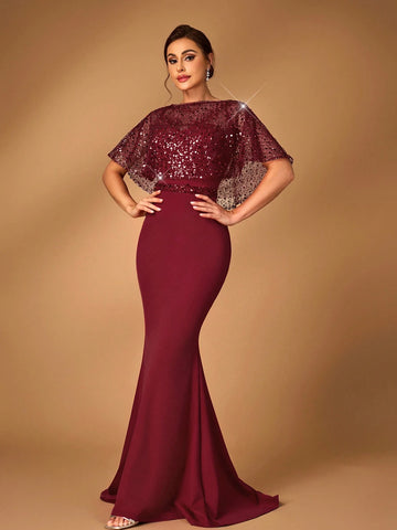 Elegant And Gorgeous Wine Red Mesh Sequins Sequins Embroidery Stitching Stretch Knitted Fabric Round Neck Detachable Cape Two-Piece Tube Top Fishtail Style Sequin Belt For Wedding Events Evening Party Formal Mother Of The Bride Dress Evening Dress