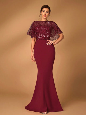 Elegant And Gorgeous Wine Red Mesh Sequins Sequins Embroidery Stitching Stretch Knitted Fabric Round Neck Detachable Cape Two-Piece Tube Top Fishtail Style Sequin Belt For Wedding Events Evening Party Formal Mother Of The Bride Dress Evening Dress