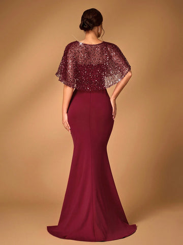 Elegant And Gorgeous Wine Red Mesh Sequins Sequins Embroidery Stitching Stretch Knitted Fabric Round Neck Detachable Cape Two-Piece Tube Top Fishtail Style Sequin Belt For Wedding Events Evening Party Formal Mother Of The Bride Dress Evening Dress