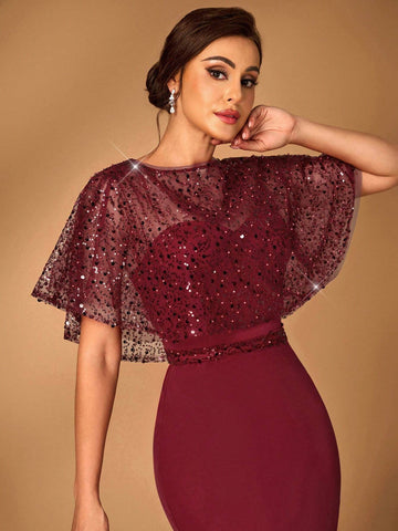 Elegant And Gorgeous Wine Red Mesh Sequins Sequins Embroidery Stitching Stretch Knitted Fabric Round Neck Detachable Cape Two-Piece Tube Top Fishtail Style Sequin Belt For Wedding Events Evening Party Formal Mother Of The Bride Dress Evening Dress