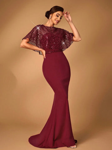 Elegant And Gorgeous Wine Red Mesh Sequins Sequins Embroidery Stitching Stretch Knitted Fabric Round Neck Detachable Cape Two-Piece Tube Top Fishtail Style Sequin Belt For Wedding Events Evening Party Formal Mother Of The Bride Dress Evening Dress