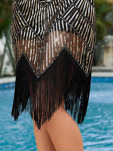 Elegant And Gorgeous Women's Black Sequined Round Neck High-Waisted Bodycon Irregular Hem Patchwork Fringed Dance Party, Afternoon Tea, Date, Gathering, Wedding, Guests, Cocktail Party, Formal Dress.