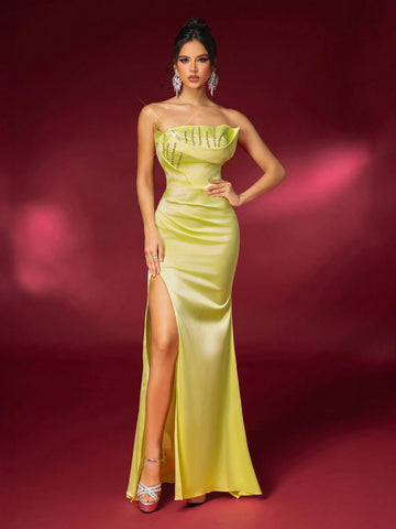 Elegant And Gorgeous Yellow Stretch Bright Satin Bandeau With Crystal Rhinestone Season Evening Dress (Heavy Industrial Style)