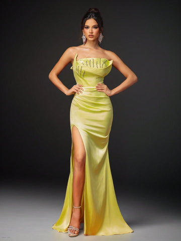 Elegant And Gorgeous Yellow Stretch Bright Satin Bandeau With Crystal Rhinestone Season Evening Dress (Heavy Industrial Style)