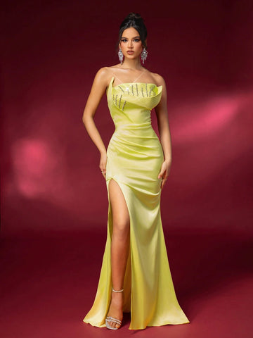 Elegant And Gorgeous Yellow Stretch Bright Satin Bandeau With Crystal Rhinestone Season Evening Dress (Heavy Industrial Style)