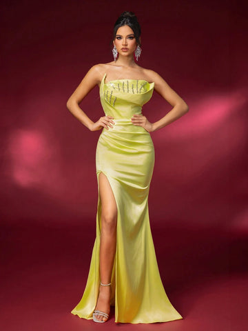 Elegant And Gorgeous Yellow Stretch Bright Satin Bandeau With Crystal Rhinestone Season Evening Dress (Heavy Industrial Style)