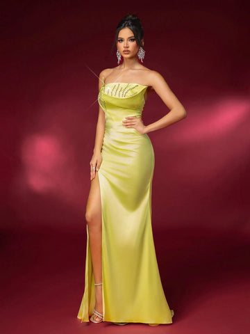 Elegant And Gorgeous Yellow Stretch Bright Satin Bandeau With Crystal Rhinestone Season Evening Dress (Heavy Industrial Style)