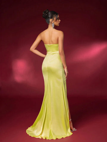 Elegant And Gorgeous Yellow Stretch Bright Satin Bandeau With Crystal Rhinestone Season Evening Dress (Heavy Industrial Style)