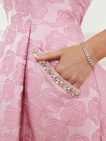 Elegant And Graceful Pink Jacquard Strapless Dress With A-Line Puffy Skirt Rhinestone Ramadan Iftar Dress, Evening Party, Prom Party, Formal Coded Cocktail Dress