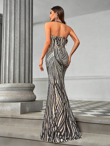 Elegant And Luxurious Beaded Khaki And Black Color Necklace Mermaid Style Dress With High Side Slit, Long Train And Suitable For Graduation Season, Wedding Season, Vacations, Single Parties, Formal Occasions.