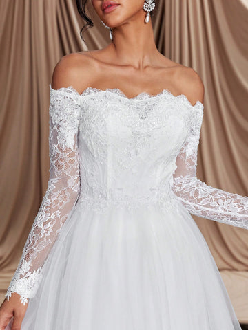 Elegant And Luxurious Beige Off-The-Shoulder Mesh Paneled Long Sleeve With Embroidered Appliqués, Stretch Lace Panels And Flared Hem, Perfect For Weddings, Parties, Honeymoons, Prom And Dinner Wedding Dresses