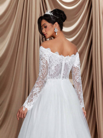 Elegant And Luxurious Beige Off-The-Shoulder Mesh Paneled Long Sleeve With Embroidered Appliqués, Stretch Lace Panels And Flared Hem, Perfect For Weddings, Parties, Honeymoons, Prom And Dinner Wedding Dresses