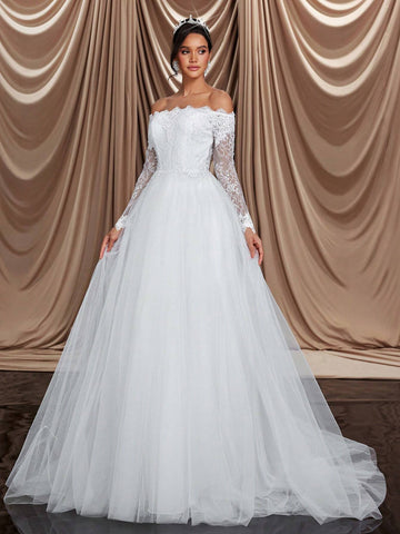 Elegant And Luxurious Beige Off-The-Shoulder Mesh Paneled Long Sleeve With Embroidered Appliqués, Stretch Lace Panels And Flared Hem, Perfect For Weddings, Parties, Honeymoons, Prom And Dinner Wedding Dresses