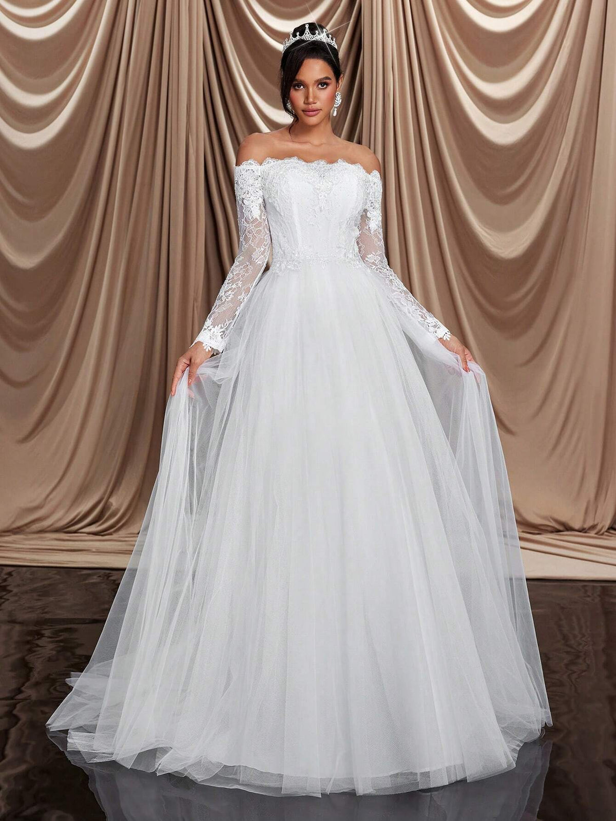 Elegant And Luxurious Beige Off-The-Shoulder Mesh Paneled Long Sleeve With Embroidered Appliqués, Stretch Lace Panels And Flared Hem, Perfect For Weddings, Parties, Honeymoons, Prom And Dinner Wedding Dresses