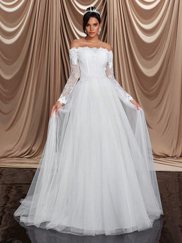 Elegant And Luxurious Beige Off-The-Shoulder Mesh Paneled Long Sleeve With Embroidered Appliqués, Stretch Lace Panels And Flared Hem, Perfect For Weddings, Parties, Honeymoons, Prom And Dinner Wedding Dresses