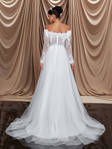 Elegant And Luxurious Beige Off-The-Shoulder Mesh Paneled Long Sleeve With Embroidered Appliqués, Stretch Lace Panels And Flared Hem, Perfect For Weddings, Parties, Honeymoons, Prom And Dinner Wedding Dresses