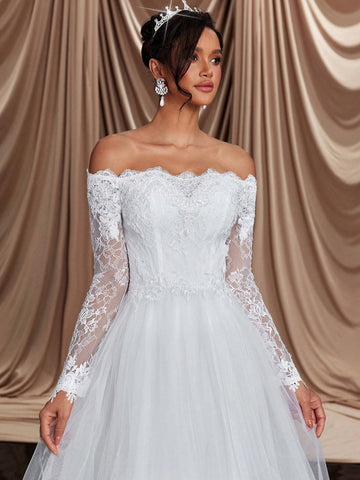 Elegant And Luxurious Beige Off-The-Shoulder Mesh Paneled Long Sleeve With Embroidered Appliqués, Stretch Lace Panels And Flared Hem, Perfect For Weddings, Parties, Honeymoons, Prom And Dinner Wedding Dresses