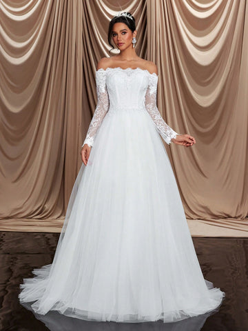 Elegant And Luxurious Beige Off-The-Shoulder Mesh Paneled Long Sleeve With Embroidered Appliqués, Stretch Lace Panels And Flared Hem, Perfect For Weddings, Parties, Honeymoons, Prom And Dinner Wedding Dresses