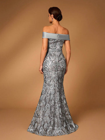 Elegant And Luxurious Dark Gray One Shoulder Embroidered Lace Paneled Satin Fabric With Detachable Belt, Perfect For Wedding Events, Bachelorette Parties, Holidays, Prom, Mother Of The Bride Evening Dress