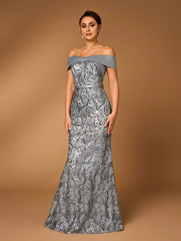 Elegant And Luxurious Dark Gray One Shoulder Embroidered Lace Paneled Satin Fabric With Detachable Belt, Perfect For Wedding Events, Bachelorette Parties, Holidays, Prom, Mother Of The Bride Evening Dress