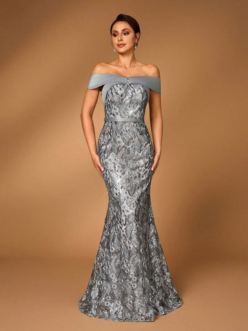 Elegant And Luxurious Dark Gray One Shoulder Embroidered Lace Paneled Satin Fabric With Detachable Belt, Perfect For Wedding Events, Bachelorette Parties, Holidays, Prom, Mother Of The Bride Evening Dress