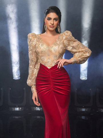 Elegant And Luxurious Long-Sleeved Champagne Color Three-Dimensional Embroidered See-Through Contrasting Red Velvet Waist Pleated Fishtail Floor-Length Skirt Suitable For Formal Evening Gowns