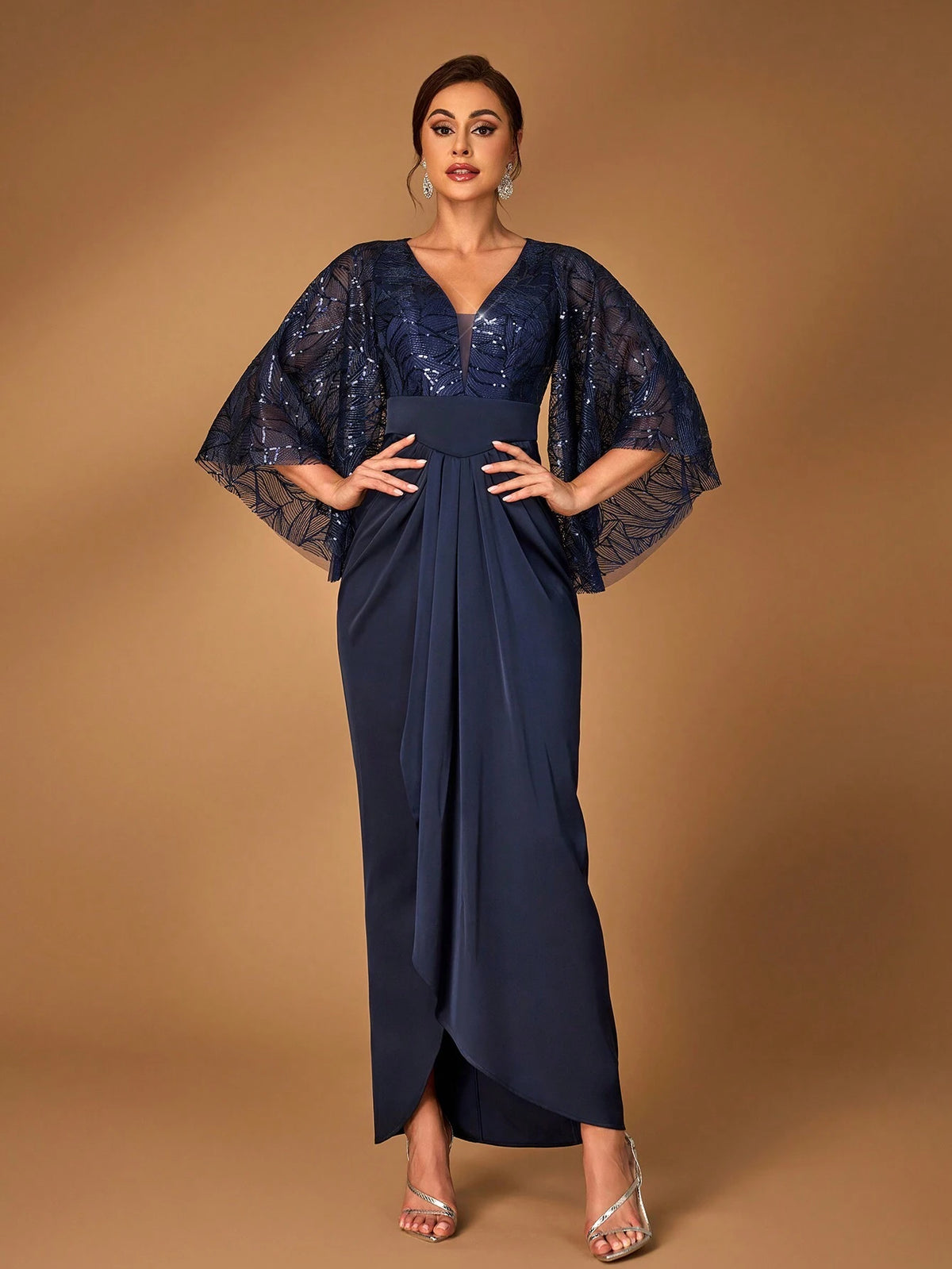 Elegant And Luxurious Navy Blue Sequined Mesh Embroidery Stitching Elastic For Mother To Attend The Wedding Party Mother Of The Bride Dress Evening Dress