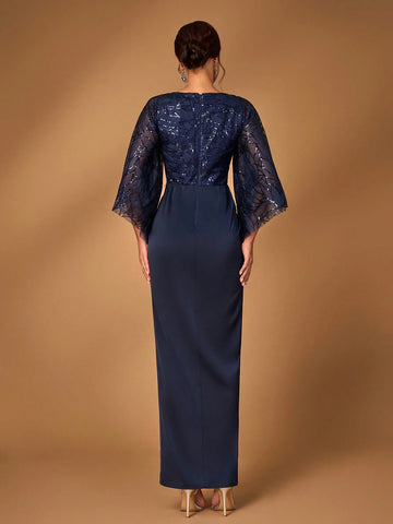 Elegant And Luxurious Navy Blue Sequined Mesh Embroidery Stitching Elastic For Mother To Attend The Wedding Party Mother Of The Bride Dress Evening Dress