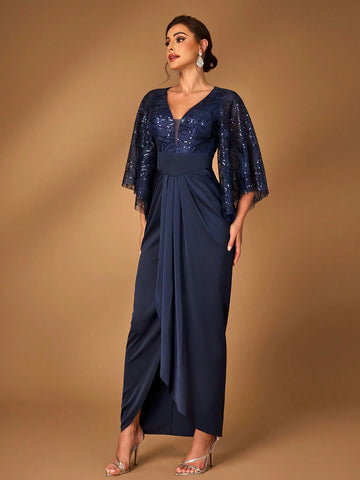 Elegant And Luxurious Navy Blue Sequined Mesh Embroidery Stitching Elastic For Mother To Attend The Wedding Party Mother Of The Bride Dress Evening Dress