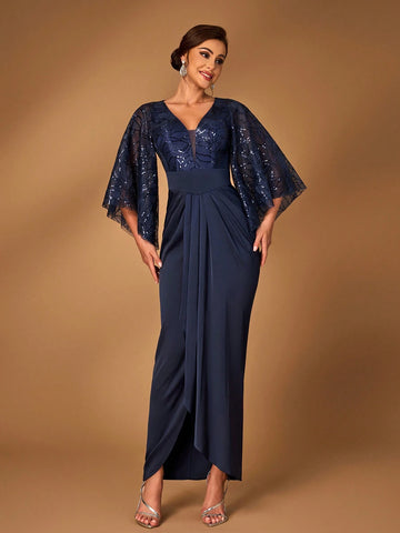 Elegant And Luxurious Navy Blue Sequined Mesh Embroidery Stitching Elastic For Mother To Attend The Wedding Party Mother Of The Bride Dress Evening Dress