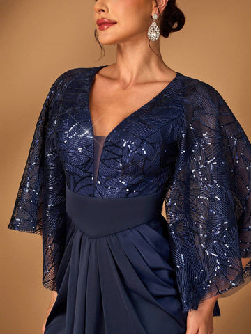 Elegant And Luxurious Navy Blue Sequined Mesh Embroidery Stitching Elastic For Mother To Attend The Wedding Party Mother Of The Bride Dress Evening Dress