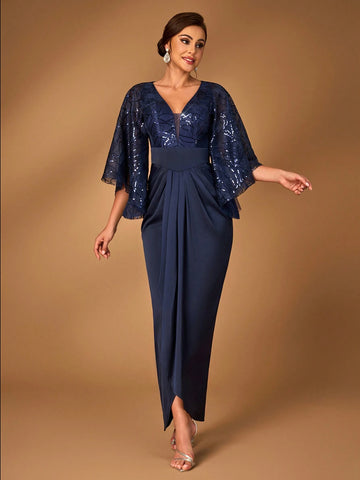 Elegant And Luxurious Navy Blue Sequined Mesh Embroidery Stitching Elastic For Mother To Attend The Wedding Party Mother Of The Bride Dress Evening Dress