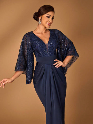 Elegant And Luxurious Navy Blue Sequined Mesh Embroidery Stitching Elastic For Mother To Attend The Wedding Party Mother Of The Bride Dress Evening Dress