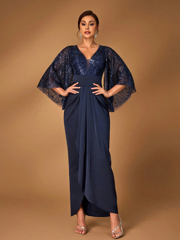 Elegant And Luxurious Navy Blue Sequined Mesh Embroidery Stitching Elastic For Mother To Attend The Wedding Party Mother Of The Bride Dress Evening Dress
