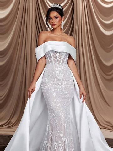 Elegant And Luxurious One-Shoulder Off-Shoulder Satin Elastic Lace Embroidery Details Sequins, Fishtail Skirt With Extended Hem And Train, Suitable For Weddings, Events, Parties, Resorts And Prom Wedding Dresses