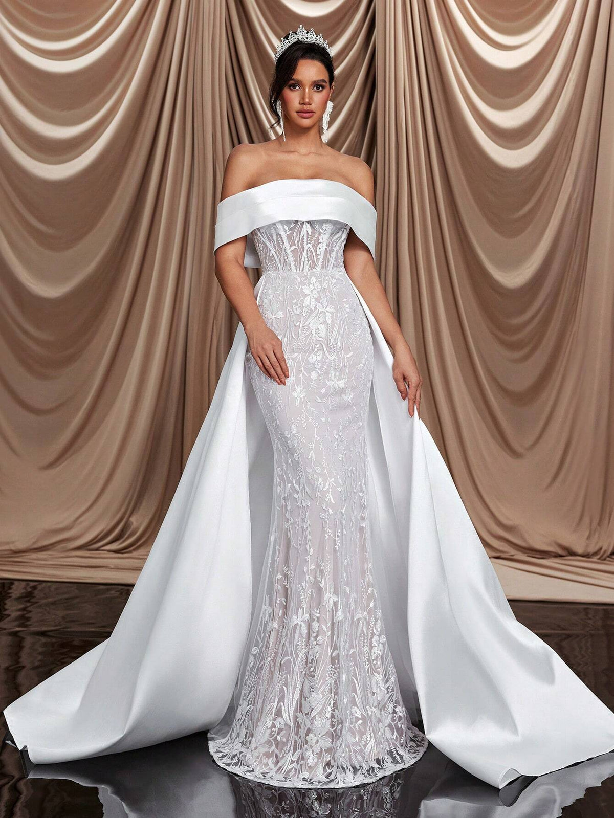 Elegant And Luxurious One-Shoulder Off-Shoulder Satin Elastic Lace Embroidery Details Sequins, Fishtail Skirt With Extended Hem And Train, Suitable For Weddings, Events, Parties, Resorts And Prom Wedding Dresses