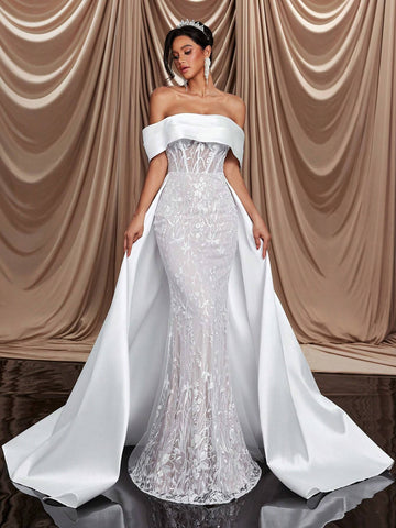 Elegant And Luxurious One-Shoulder Off-Shoulder Satin Elastic Lace Embroidery Details Sequins, Fishtail Skirt With Extended Hem And Train, Suitable For Weddings, Events, Parties, Resorts And Prom Wedding Dresses
