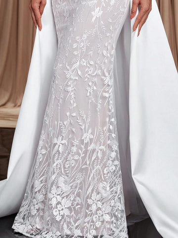 Elegant And Luxurious One-Shoulder Off-Shoulder Satin Elastic Lace Embroidery Details Sequins, Fishtail Skirt With Extended Hem And Train, Suitable For Weddings, Events, Parties, Resorts And Prom Wedding Dresses