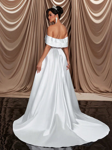 Elegant And Luxurious One-Shoulder Off-Shoulder Satin Elastic Lace Embroidery Details Sequins, Fishtail Skirt With Extended Hem And Train, Suitable For Weddings, Events, Parties, Resorts And Prom Wedding Dresses