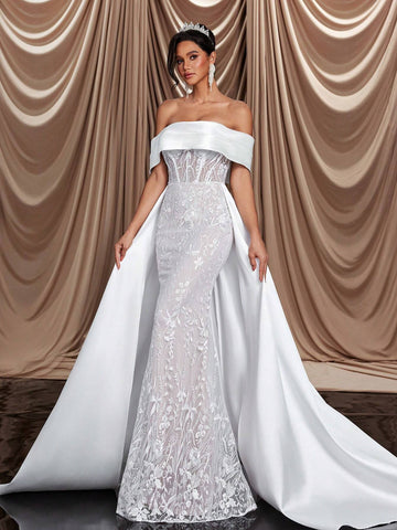 Elegant And Luxurious One-Shoulder Off-Shoulder Satin Elastic Lace Embroidery Details Sequins, Fishtail Skirt With Extended Hem And Train, Suitable For Weddings, Events, Parties, Resorts And Prom Wedding Dresses
