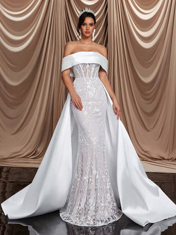 Elegant And Luxurious One-Shoulder Off-Shoulder Satin Elastic Lace Embroidery Details Sequins, Fishtail Skirt With Extended Hem And Train, Suitable For Weddings, Events, Parties, Resorts And Prom Wedding Dresses