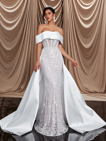 Elegant And Luxurious One-Shoulder Off-Shoulder Satin Elastic Lace Embroidery Details Sequins, Fishtail Skirt With Extended Hem And Train, Suitable For Weddings, Events, Parties, Resorts And Prom Wedding Dresses