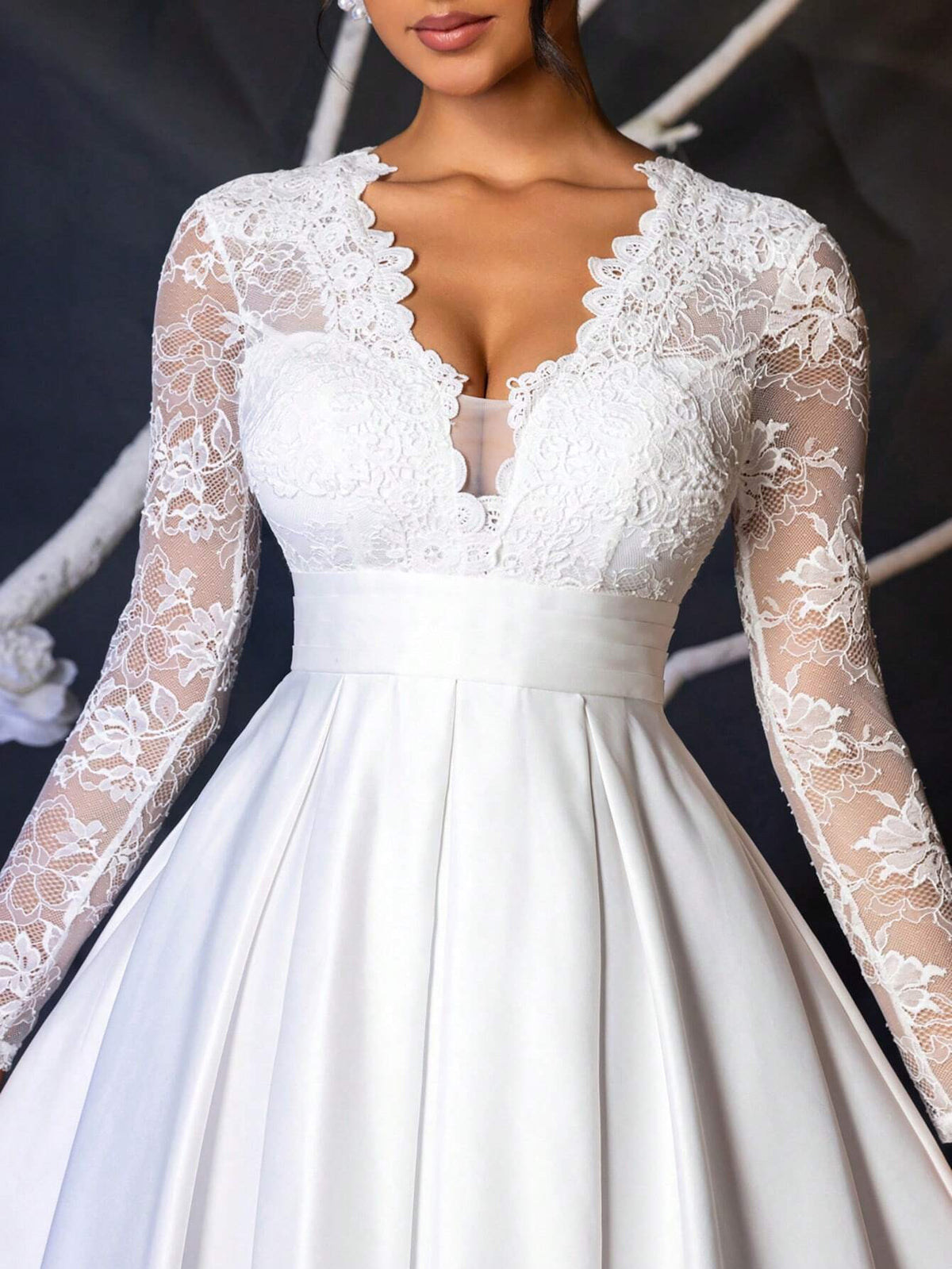 Elegant And Luxurious White Floral Lace Splice Long Sleeve V-Neck Stretchy High Waist Flared Dress With Satin Belt, Suitable For Single Party, Wedding, Graduation, Vacation, Bridal Shower & Bridesmaid