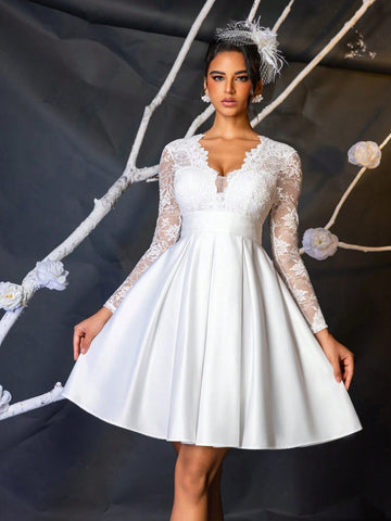 Elegant And Luxurious White Floral Lace Splice Long Sleeve V-Neck Stretchy High Waist Flared Dress With Satin Belt, Suitable For Single Party, Wedding, Graduation, Vacation, Bridal Shower & Bridesmaid