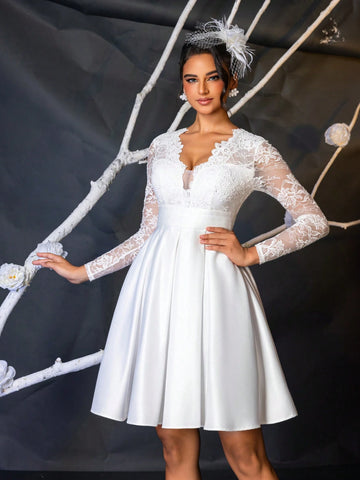 Elegant And Luxurious White Floral Lace Splice Long Sleeve V-Neck Stretchy High Waist Flared Dress With Satin Belt, Suitable For Single Party, Wedding, Graduation, Vacation, Bridal Shower & Bridesmaid