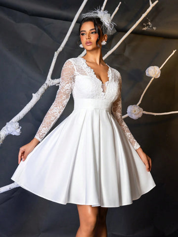 Elegant And Luxurious White Floral Lace Splice Long Sleeve V-Neck Stretchy High Waist Flared Dress With Satin Belt, Suitable For Single Party, Wedding, Graduation, Vacation, Bridal Shower & Bridesmaid